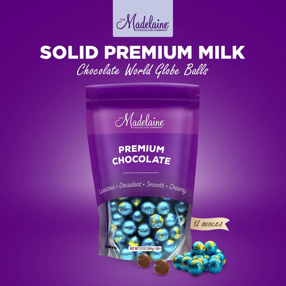 The Madelaine World Globe Balls foil wrapper with world map detail adds festive appeal.