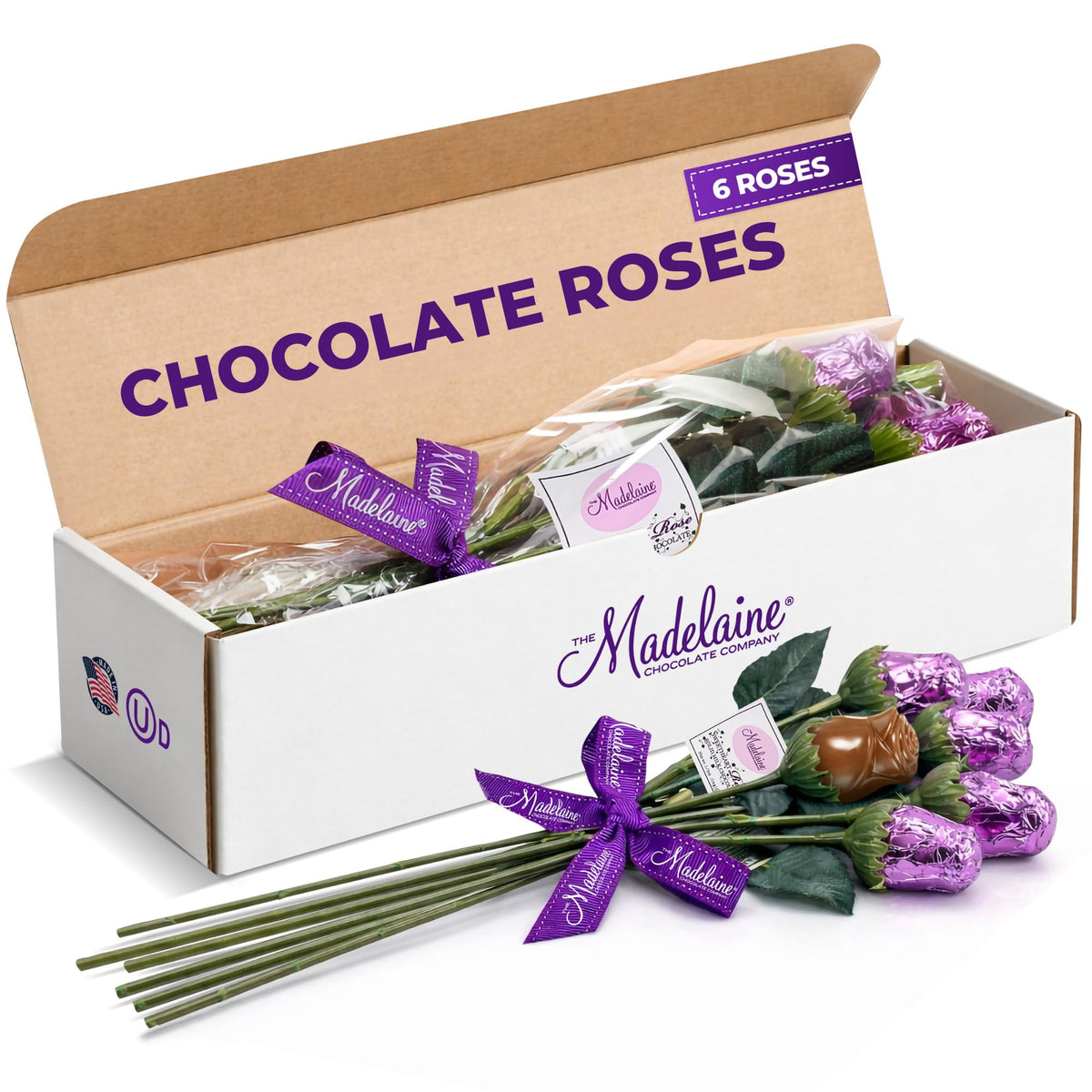 The Madeleine Chocolate Company lavender foil-wrapped chocolate rose six-pack, ideal for gifting.