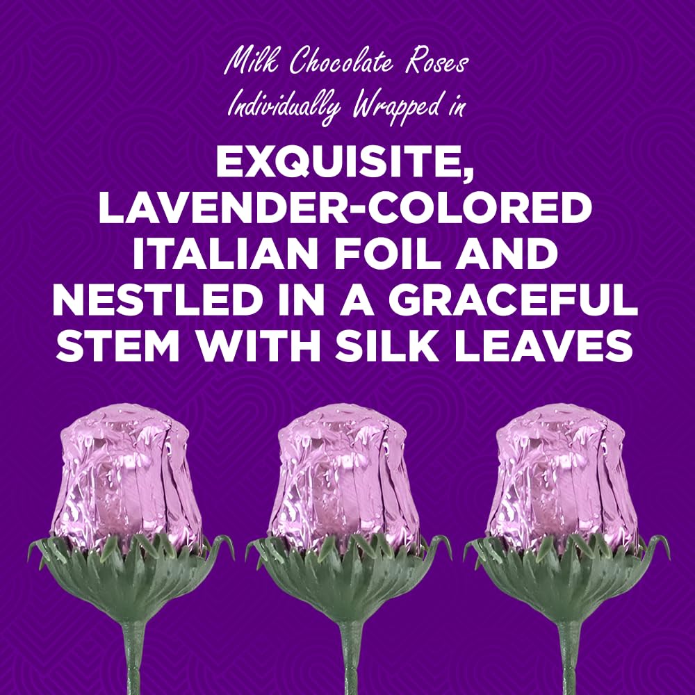 The Madeleine Chocolate Company lavender-foil wrapped rose ready for vase or gift.