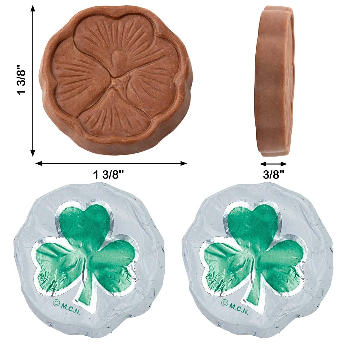 The Madelaine solid milk chocolate shamrock piece with green motif.
