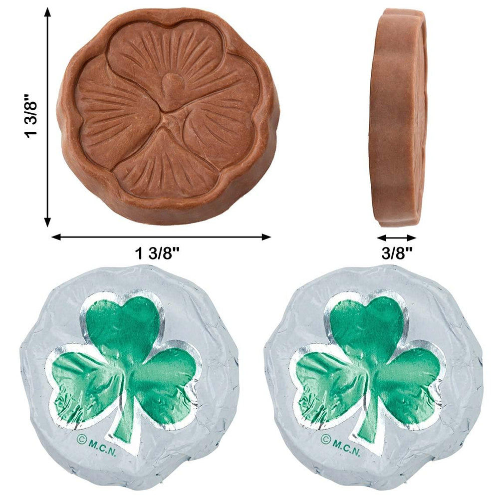 The Madelaine solid milk chocolate shamrock piece with green motif.