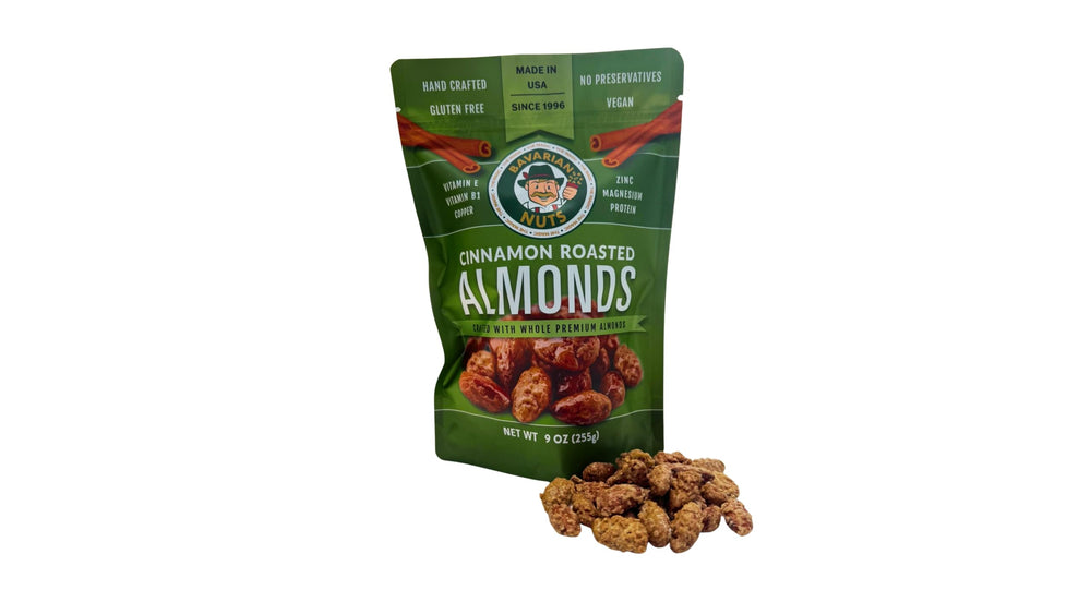 The Magic Bavarian Nuts cinnamon roasted almonds in a bag front, perfect for on-the-go snacking.