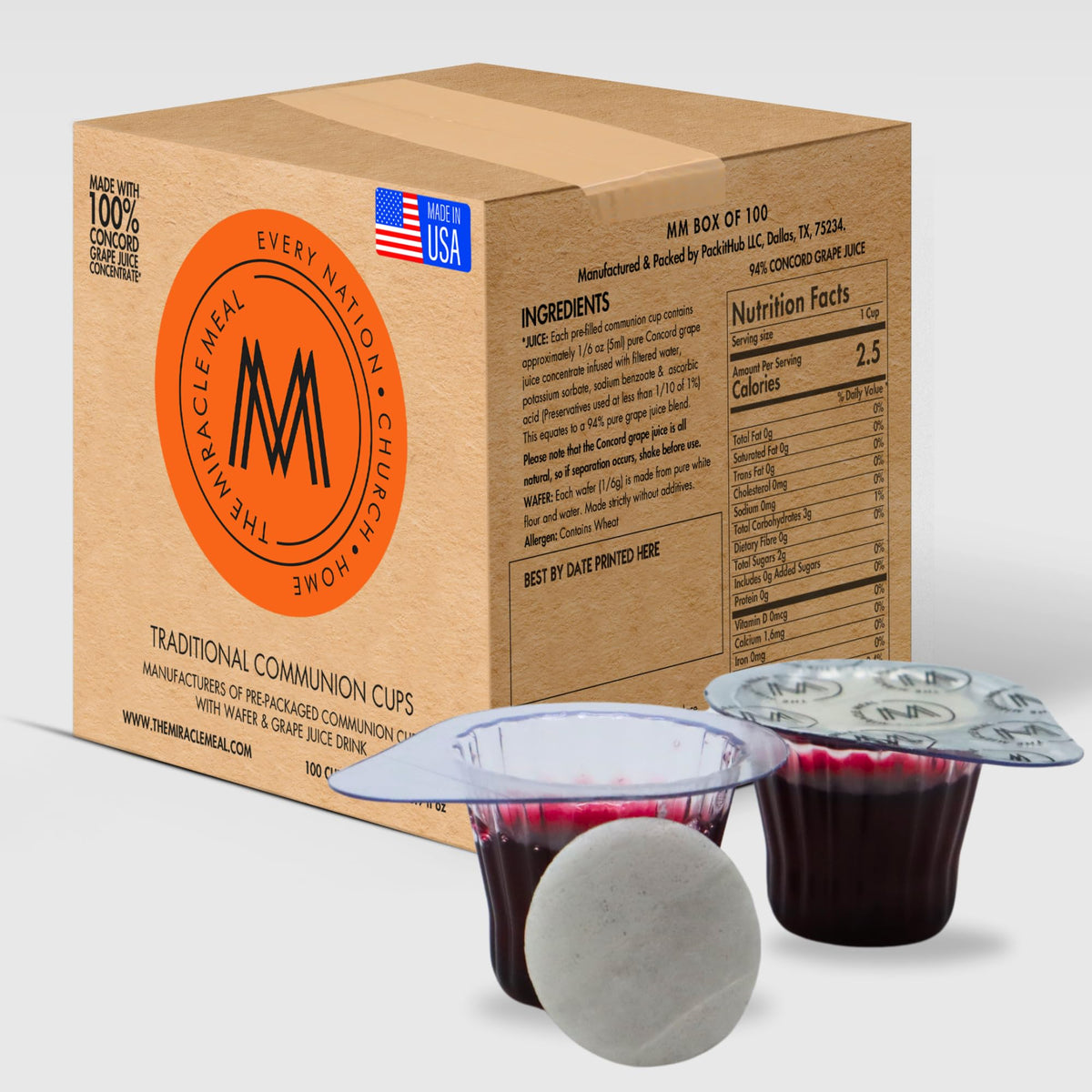 The Miracle Meal box of 100 pre-filled cups and wafers for church services.