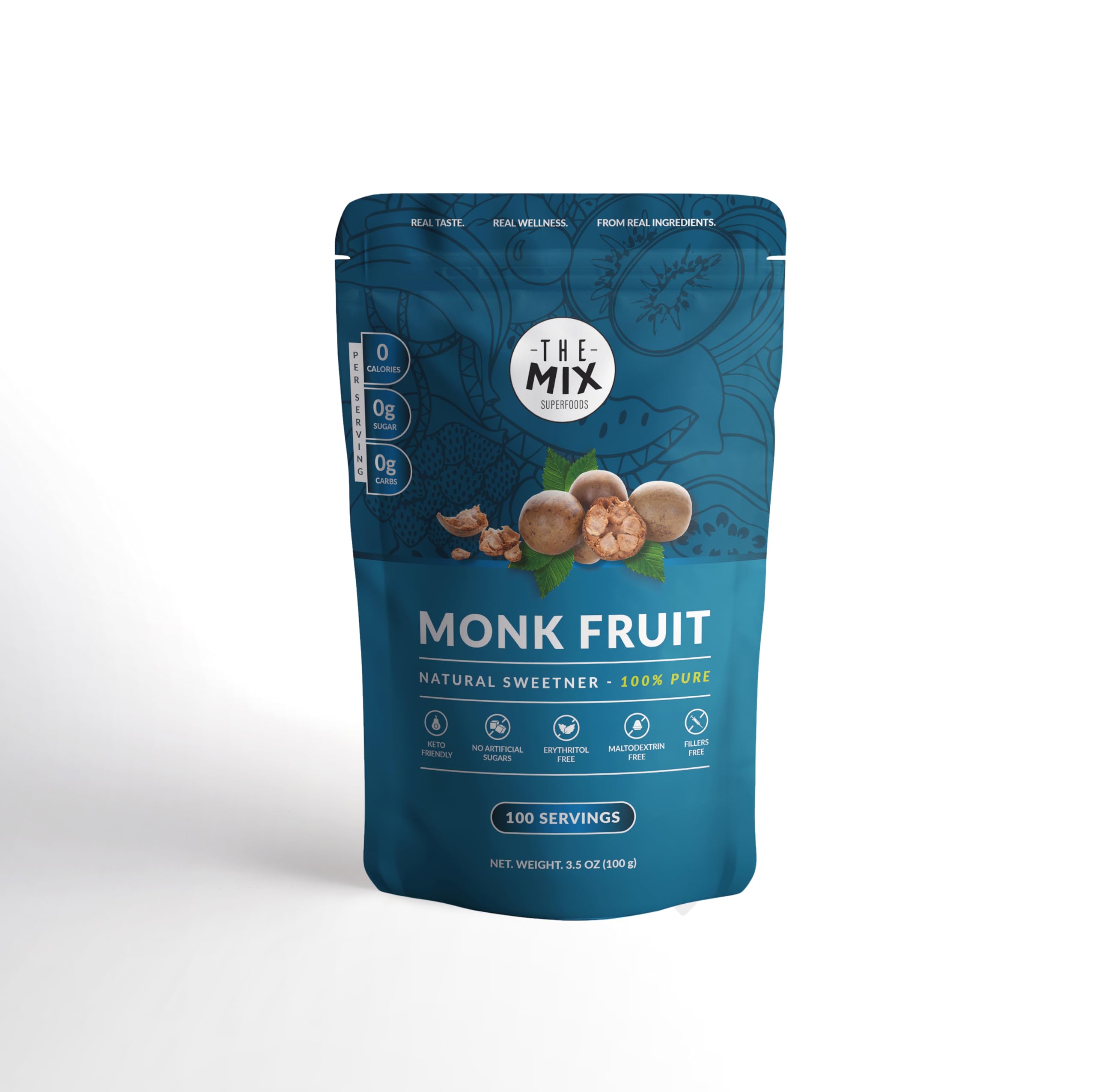 The Mix Superfoods Monk Fruit Pure bottle pour shows zero-calorie sweetness for beverages.