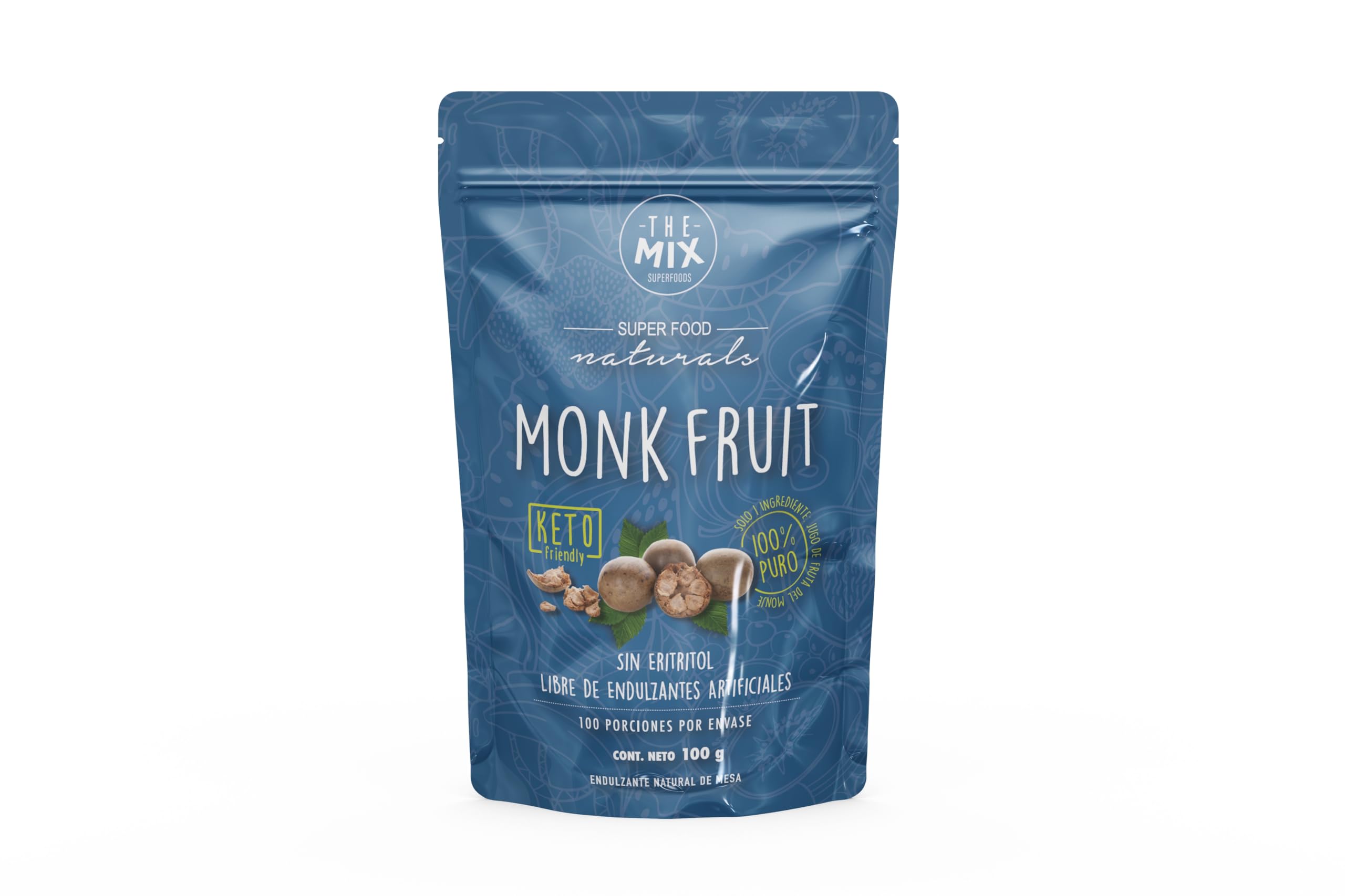 The Mix Superfoods Monk Fruit Pure packaging emphasizes purity and natural origin.