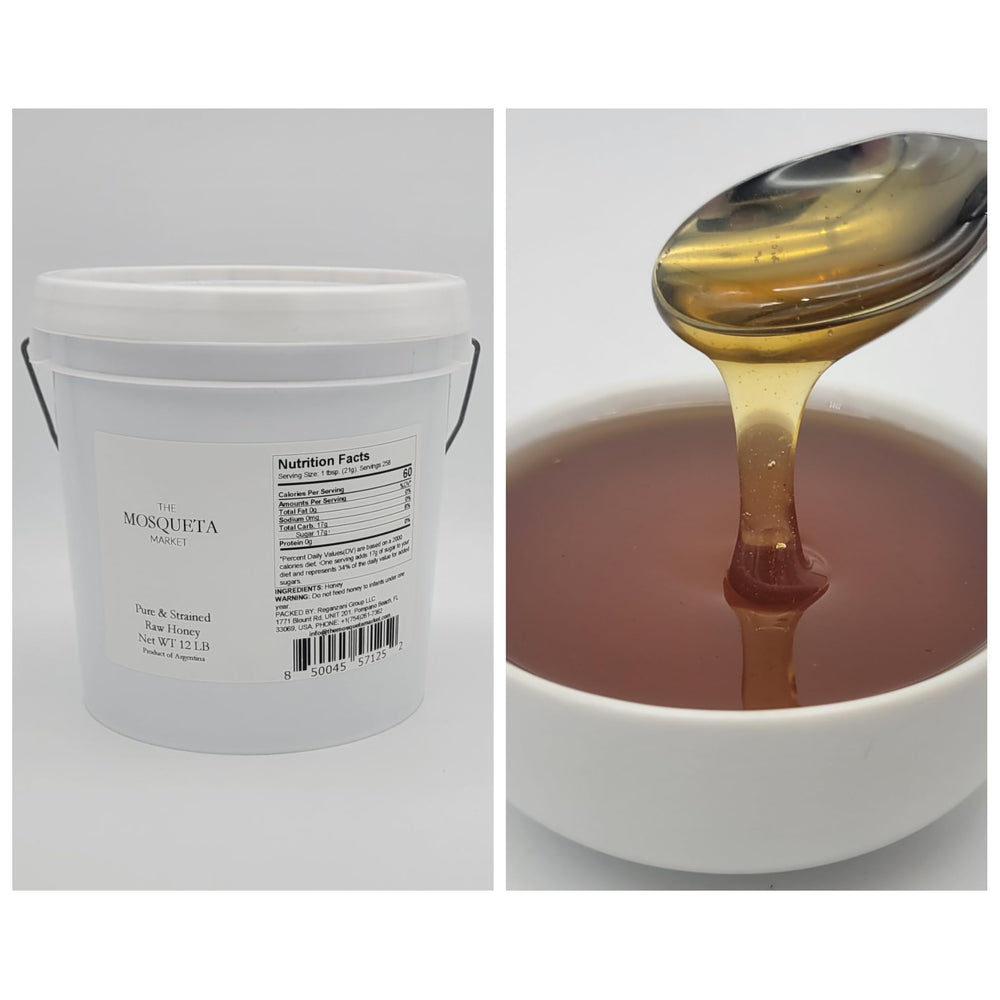 The Mosqueta Market 12lb raw honey in a bulk pail for wholesale use