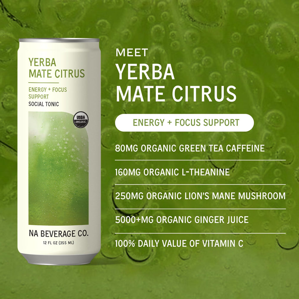 The NA Beverage Social Tonic on a kitchen counter, clean ingredients for wellness