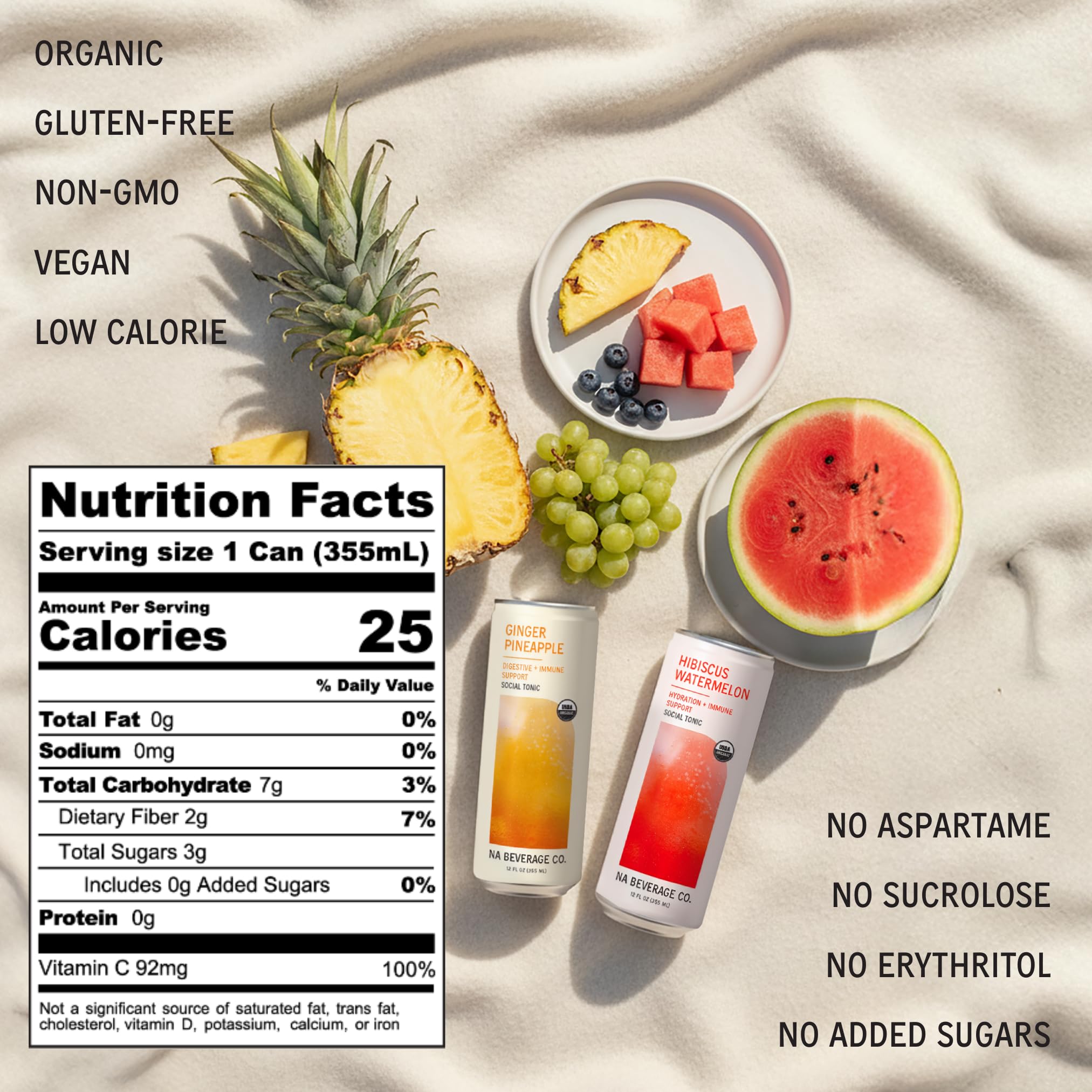 The NA Beverage Social Tonic close-up highlighting ashwagandha and lion's mane ingredients