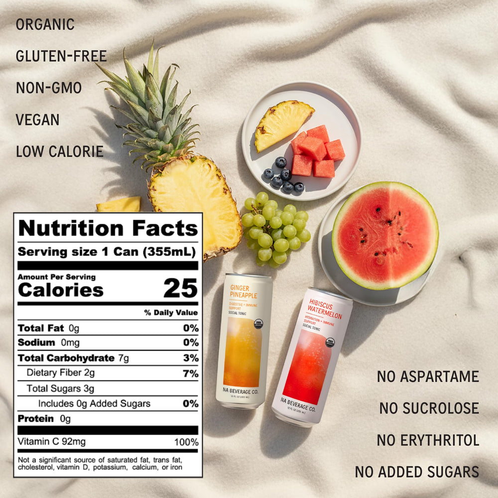 The NA Beverage Social Tonic close-up highlighting ashwagandha and lion's mane ingredients