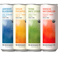 The NA Beverage Social Tonic cans on a party table offering a non-alcoholic social option