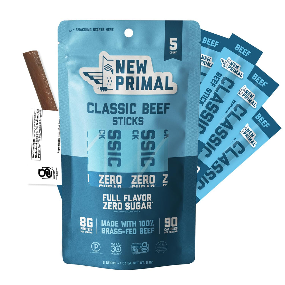 The New Primal Grass Fed Beef Stick classic flavor for quick protein on the go