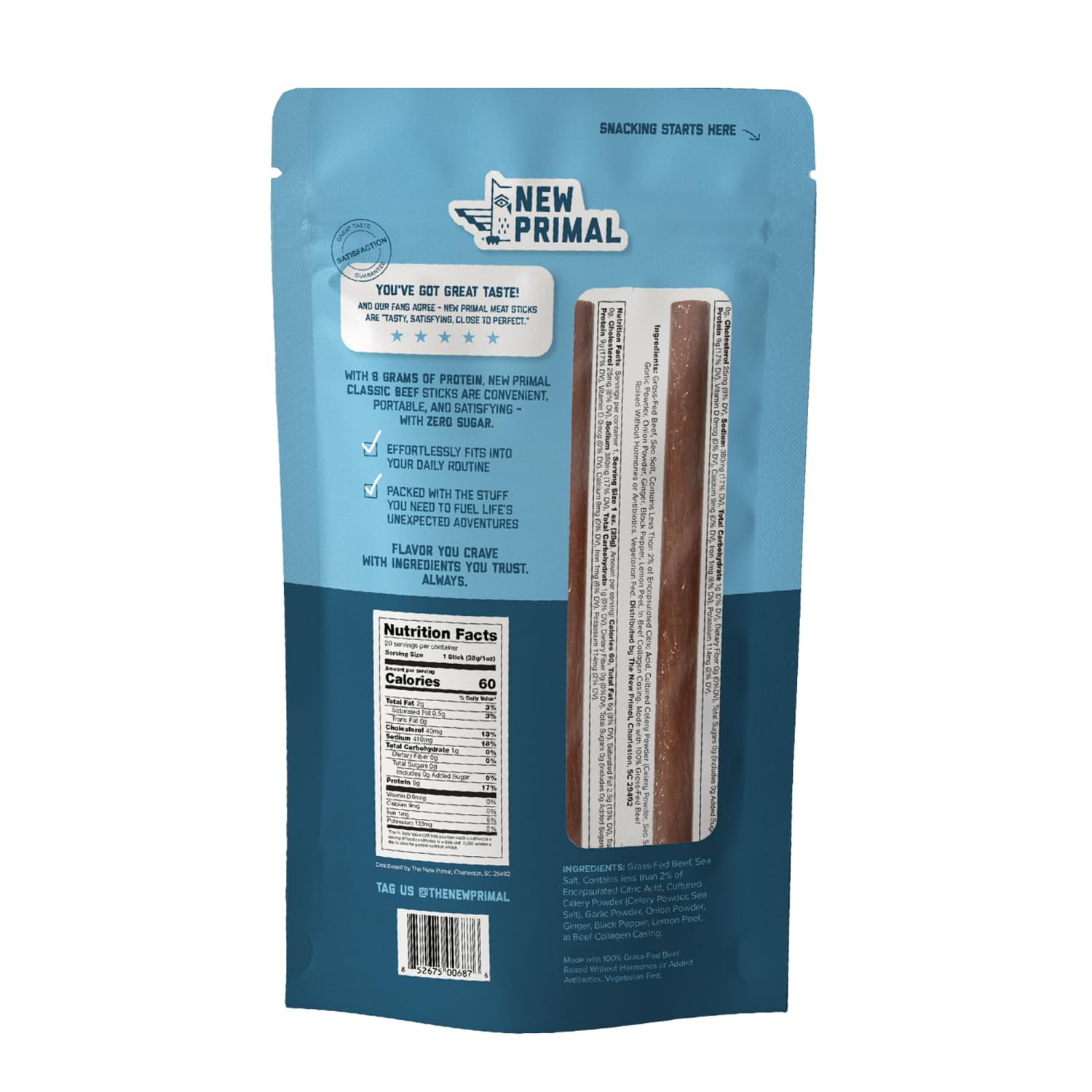 The New Primal grass-fed beef stick portable packaging for easy snacks