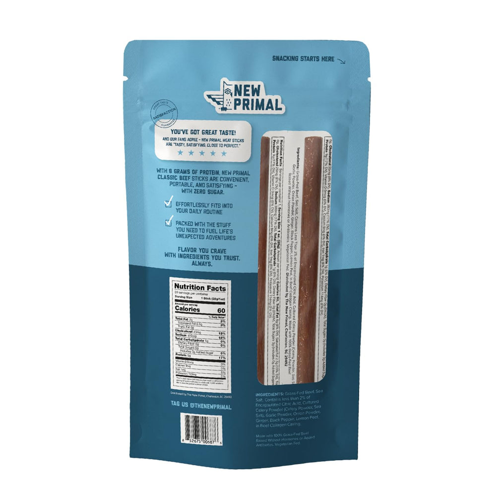 The New Primal grass-fed beef stick portable packaging for easy snacks