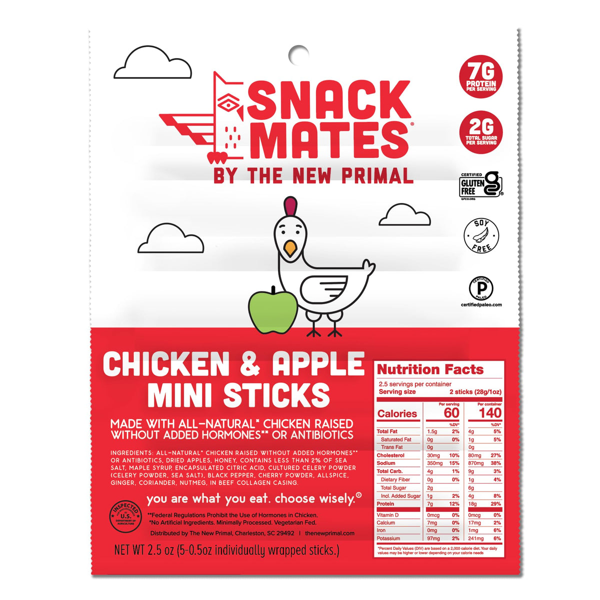 The New Primal Snack Mates chicken and apple stick for kids, portable lunchbox protein.