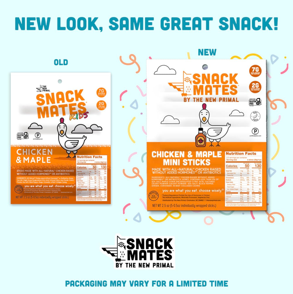 The New Primal Snack Mates Kids Chicken Maple Stick, 2g sugar, wholesome choice.