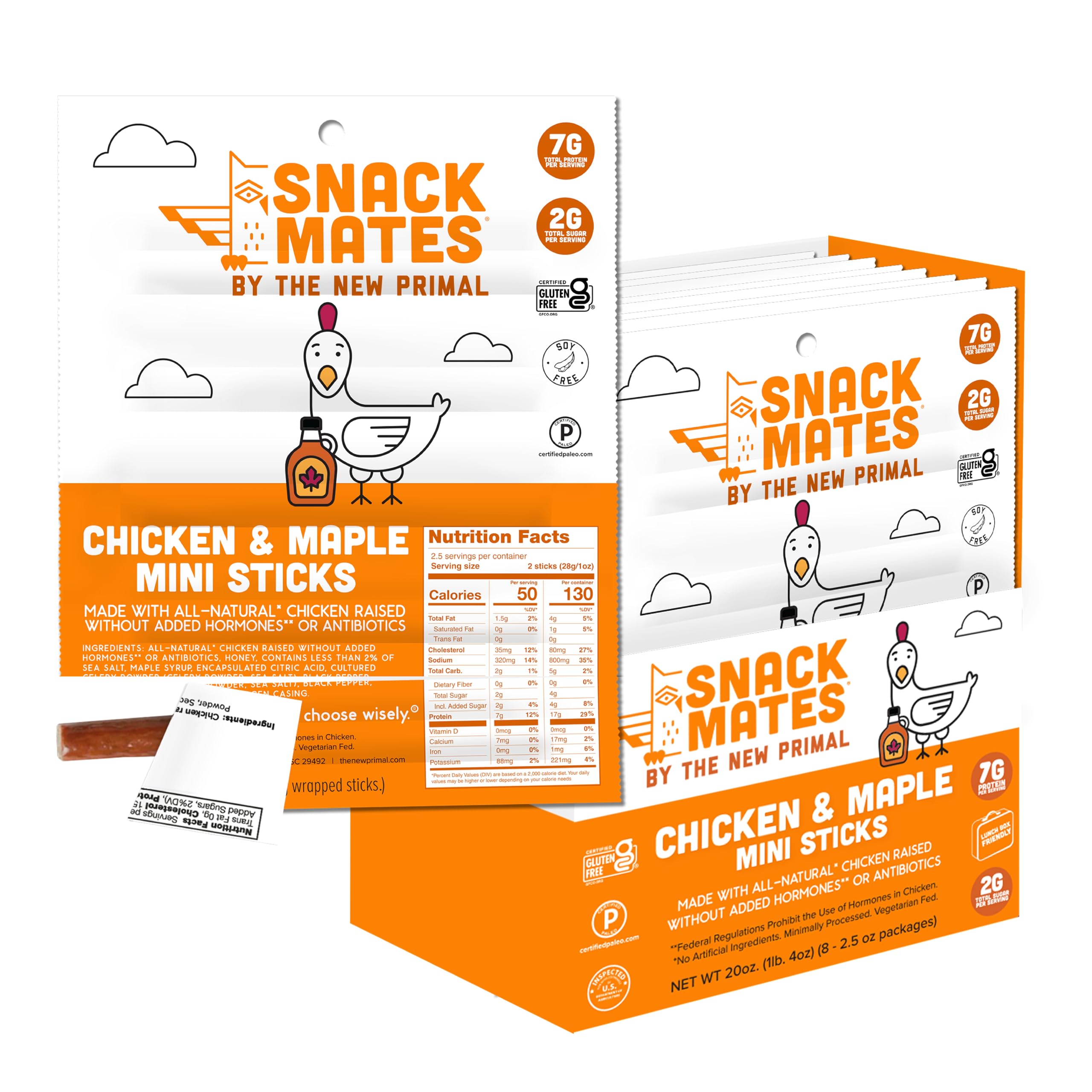 The New Primal Snack Mates Kids Chicken Maple Stick hero view, portable protein for busy days.