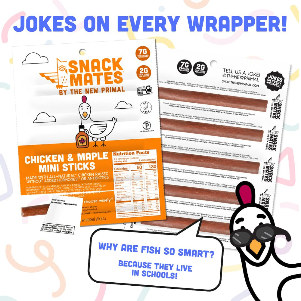 The New Primal Snack Mates Kids Chicken Maple Stick gluten-free, allergen-friendly lunchbox option.