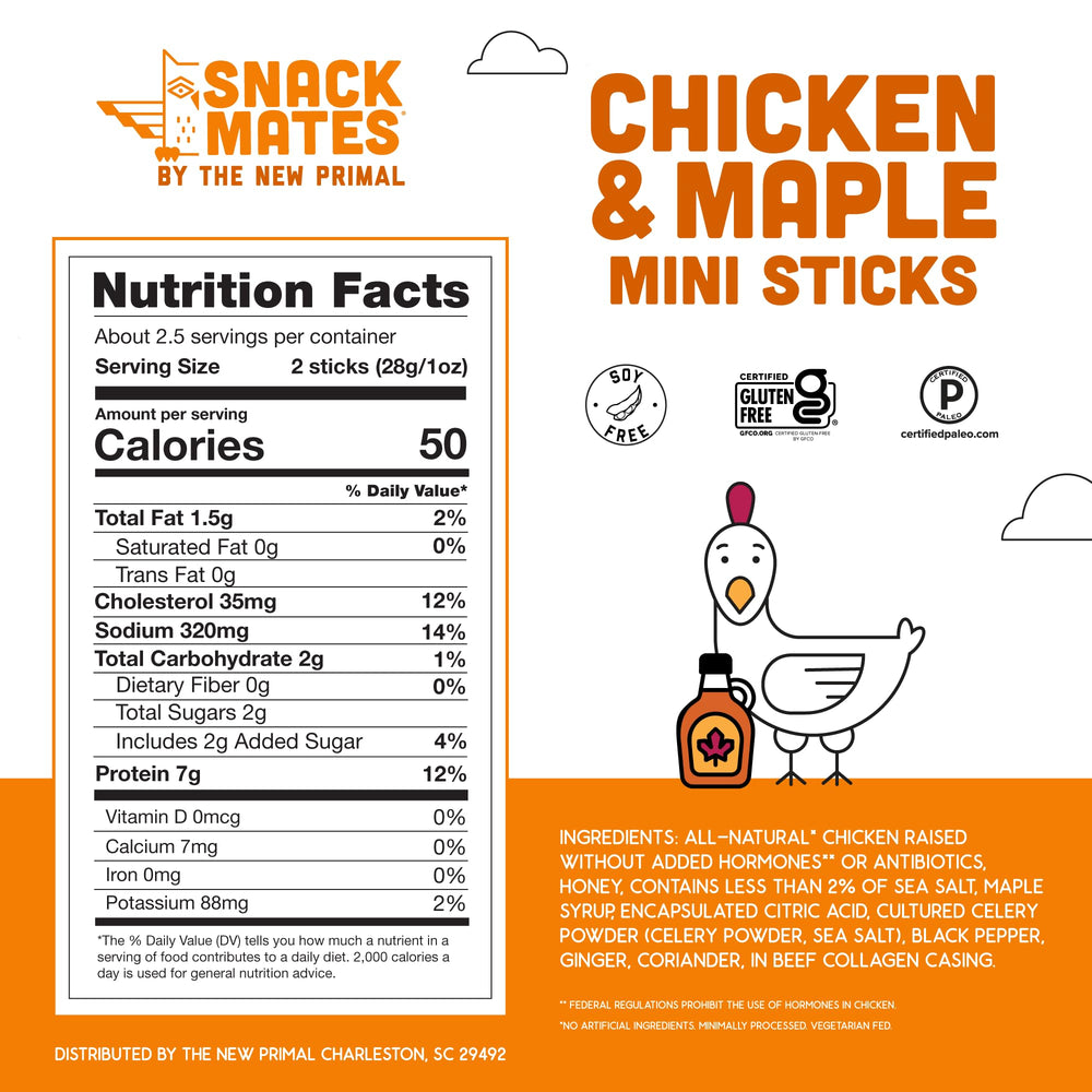 The New Primal Snack Mates Kids Chicken Maple Stick close-up, kid-friendly texture for lunches.