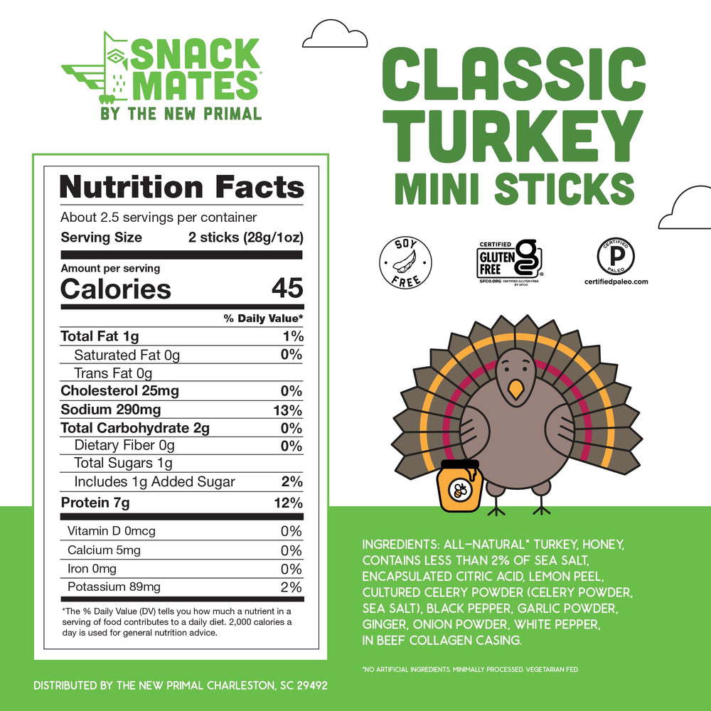 The New Primal Snack Mates turkey sticks are individually wrapped for easy on-the-go snacking.