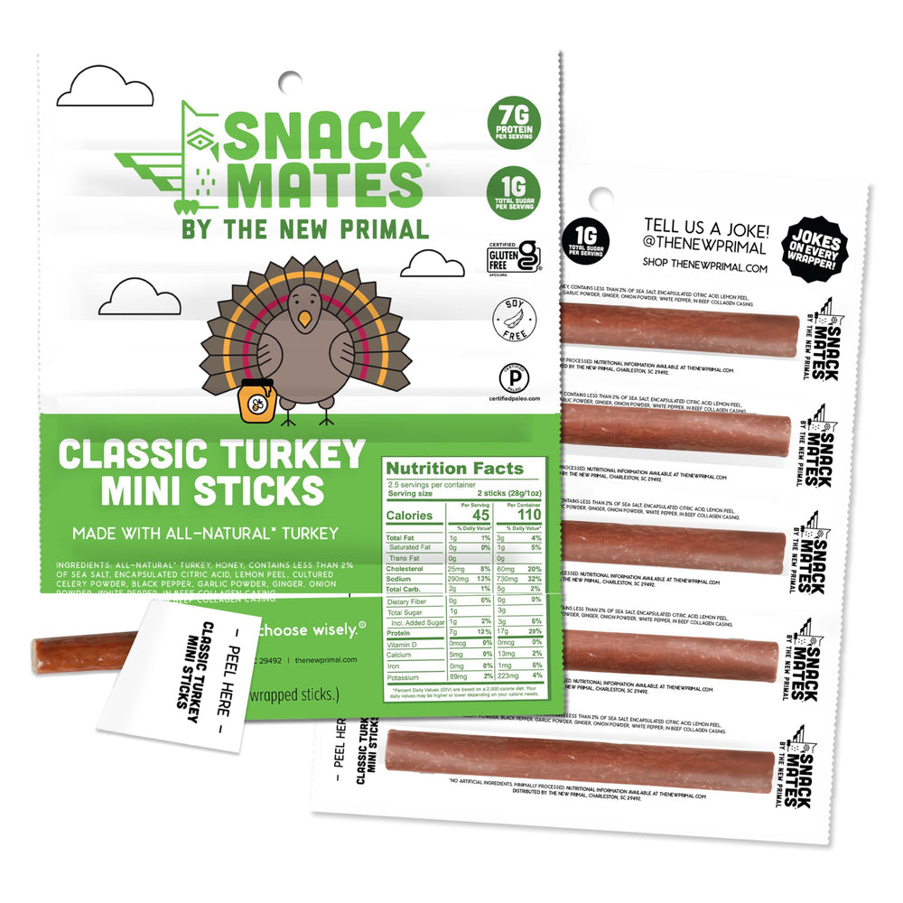 The New Primal Snack Mates turkey sticks pack front, gluten-free and kid-friendly.