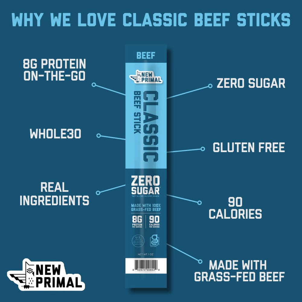The New Primal Beef Classic label highlights ambient-shelf stability for travel.