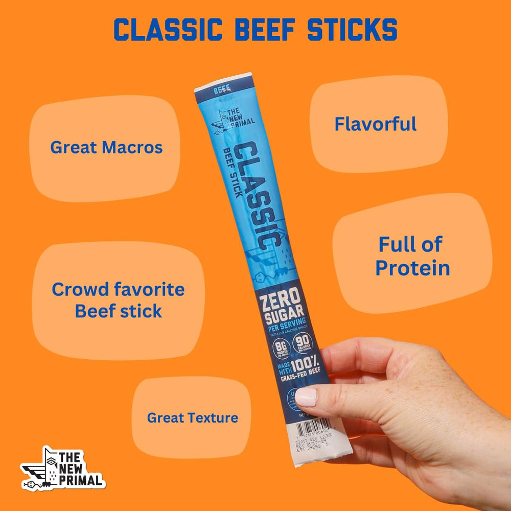 The New Primal beef stick close-up emphasizing savory aroma and jerky texture.