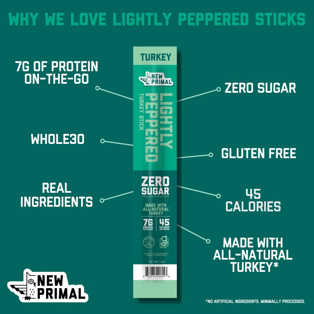 The New Primal Stick Turkey Light Peppered on a plate, portable 1 oz snack.