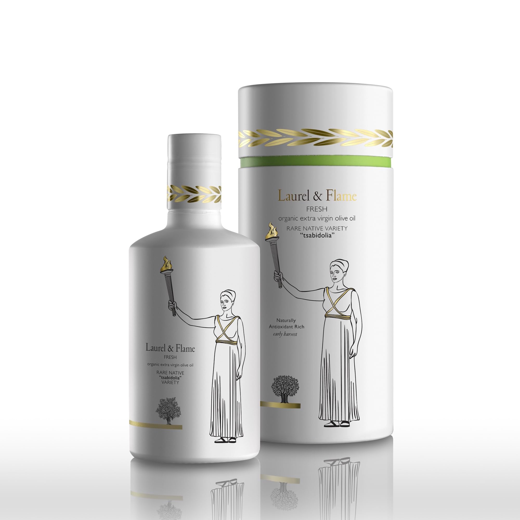 The Olive Temple Laurel & Flame Fresh bottle front, premium Greek EVOO for cold dishes.