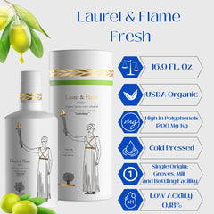 Laurel & Flame Fresh bottle label with QR code linking to harvest data and reports.