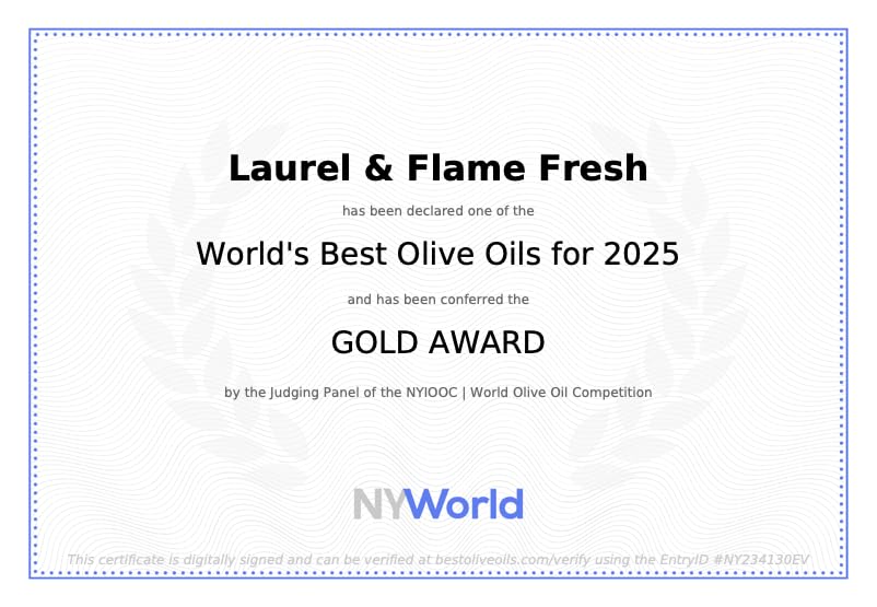 Laurel & Flame Fresh bottle pour showing smooth, vibrant EVOO.