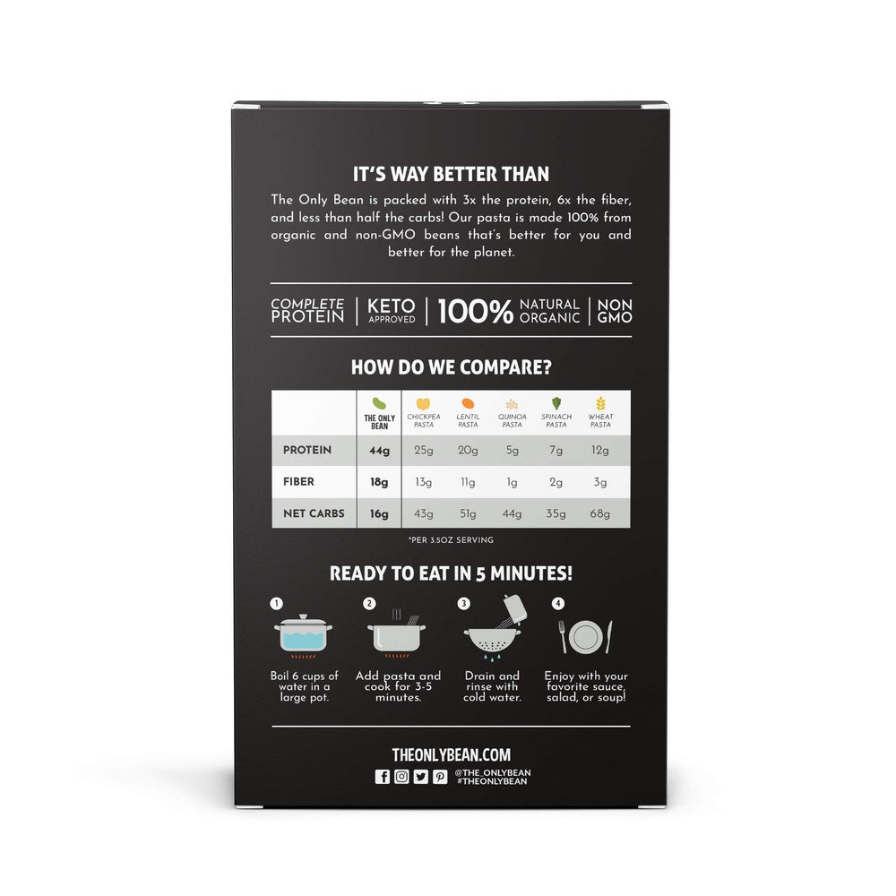 The Only Bean black bean spaghetti raw noodles close-up emphasizes single-ingredient pasta.
