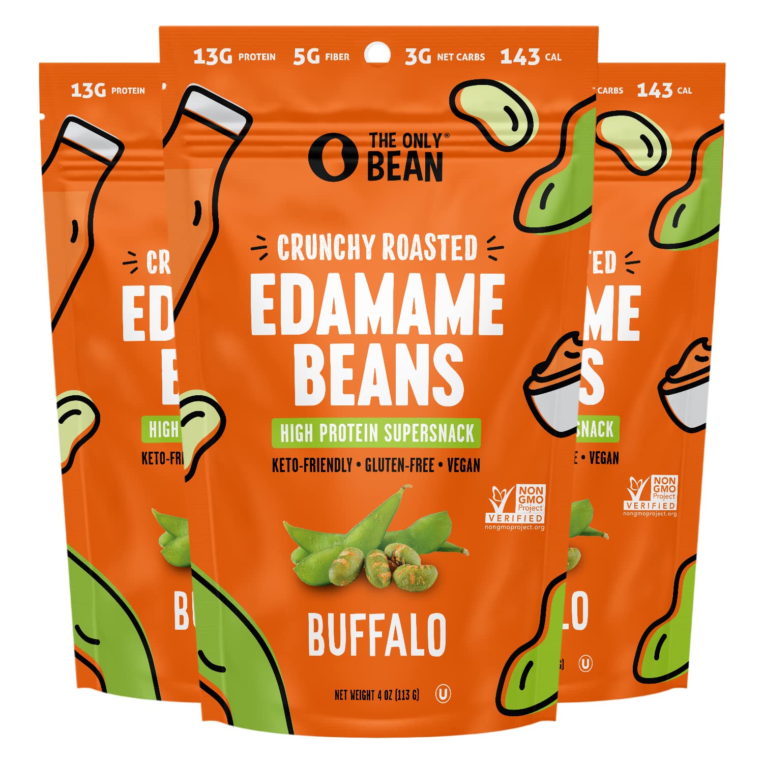 The Only Bean crunchy edamame buffalo pack offers high-protein on-the-go energy.