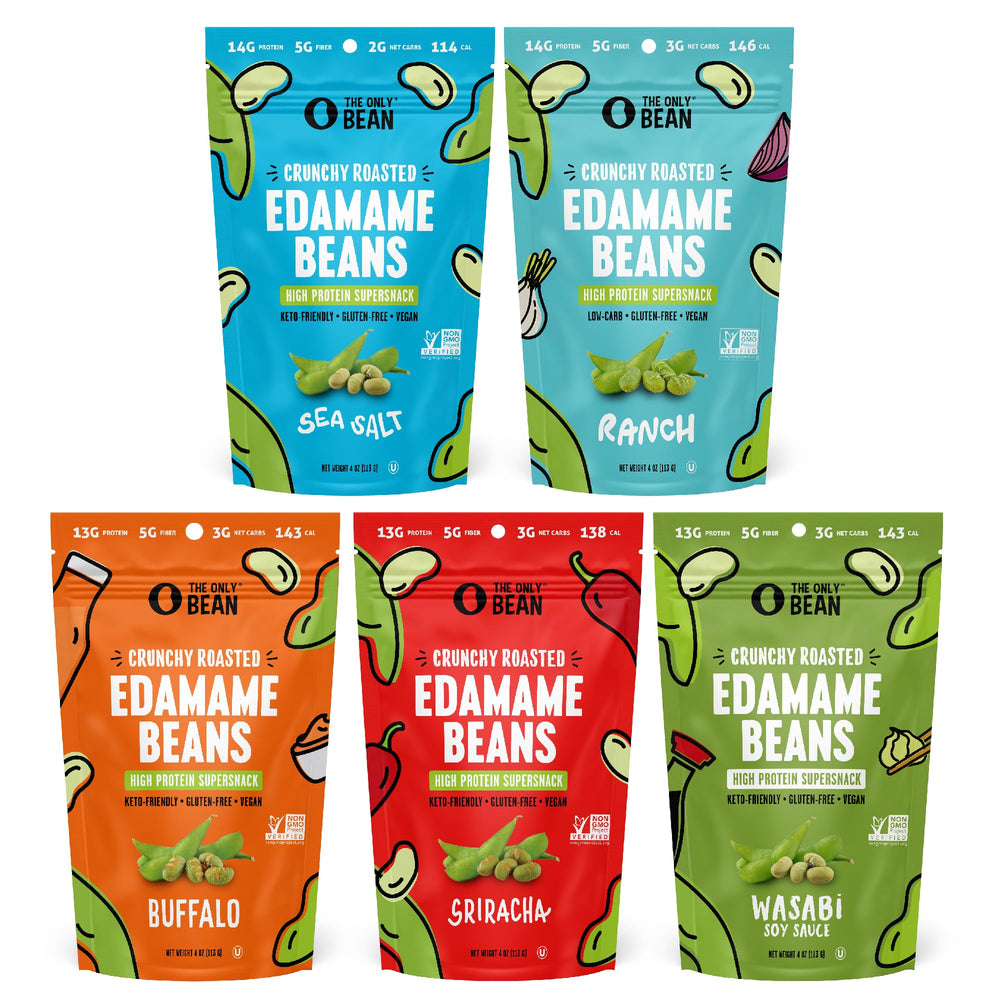 The Only Bean Crunchy Edamame On-the-Go bag, portable snack.