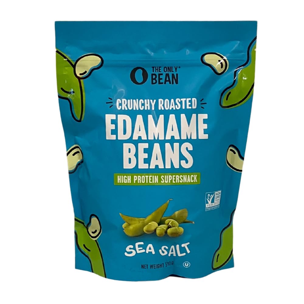 The Only Bean Crunchy Edamame Sea Salt bag highlights a crunchy snack with on-the-go appeal.
