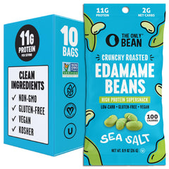 The Only Bean Crunchy Edamame Sea Salt bag, high-protein snack for on-the-go fuel.