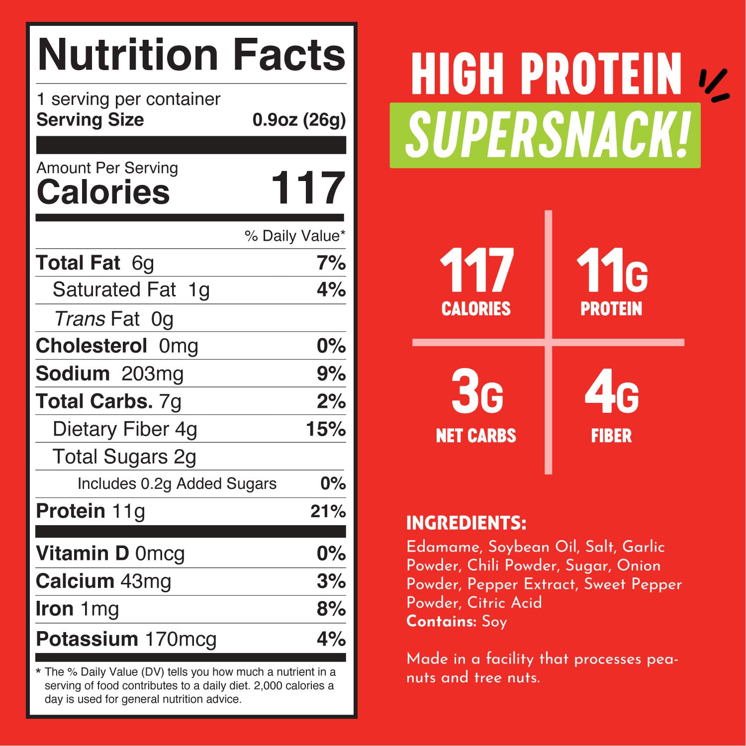 The Only Bean Crunchy Edamame Sriracha back emphasizes keto-friendly, low-carb snacking.