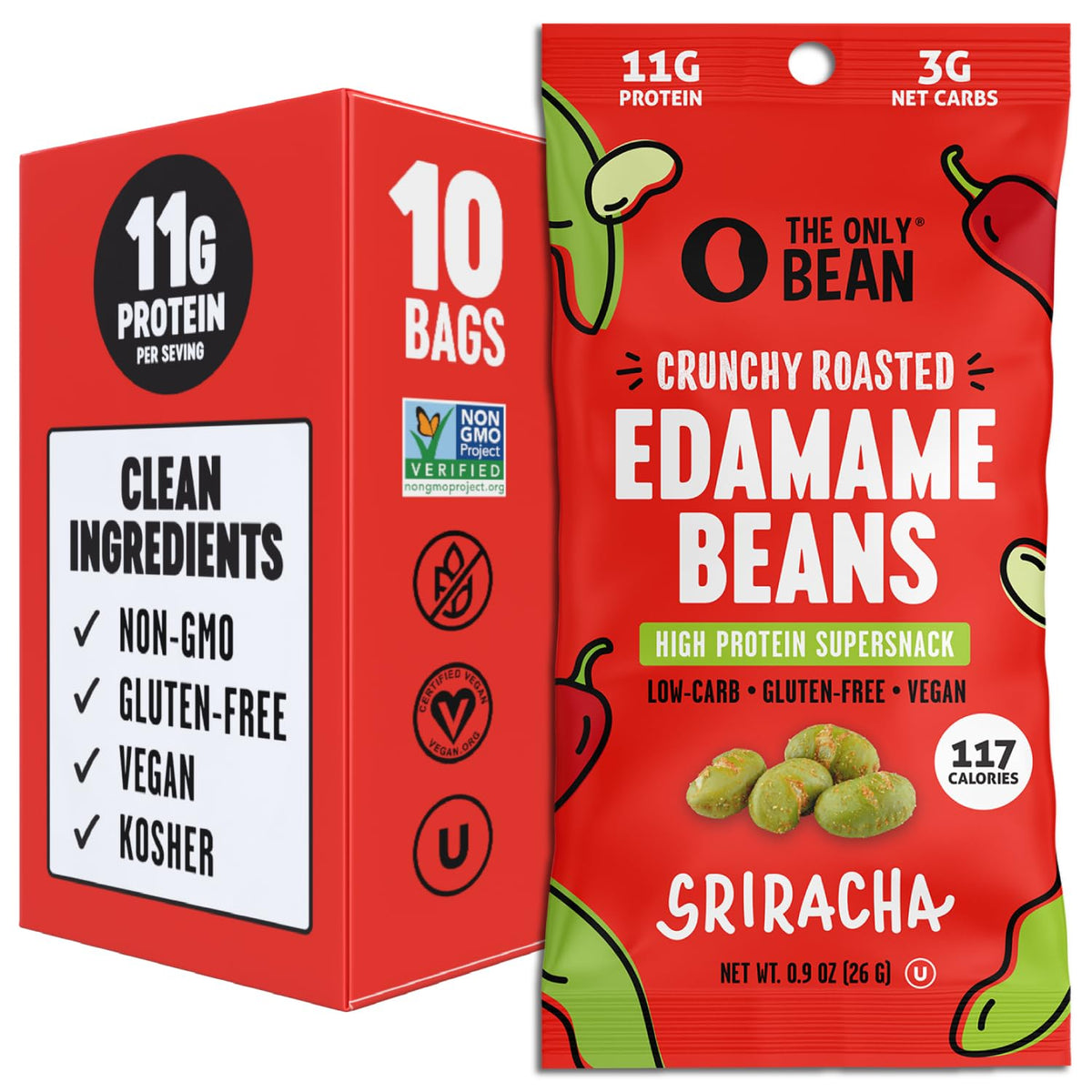 The Only Bean Crunchy Edamame Sriracha pack front highlights a high-protein snack option.