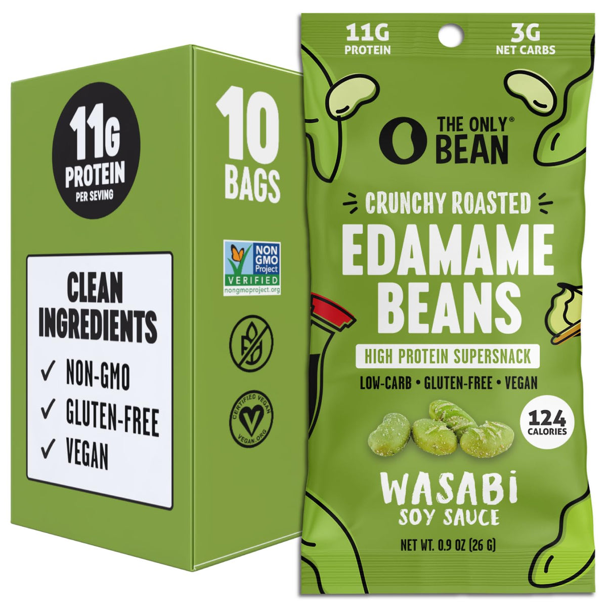 The Only Bean Crunchy Roasted Edamame with Wasabi Soy Sauce—bold crunch and protein.