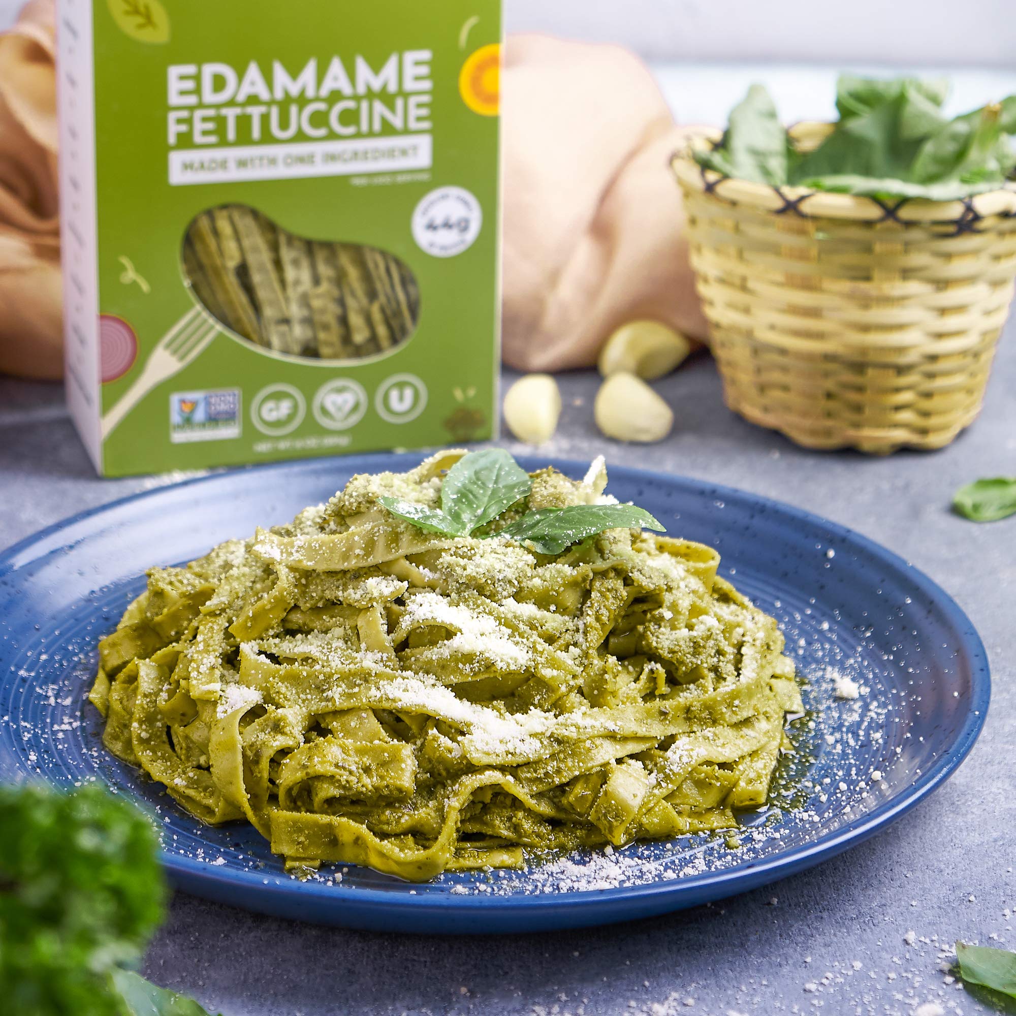 Box on table communicates organic, non-GMO, keto-friendly packaging for The Only Bean noodles.