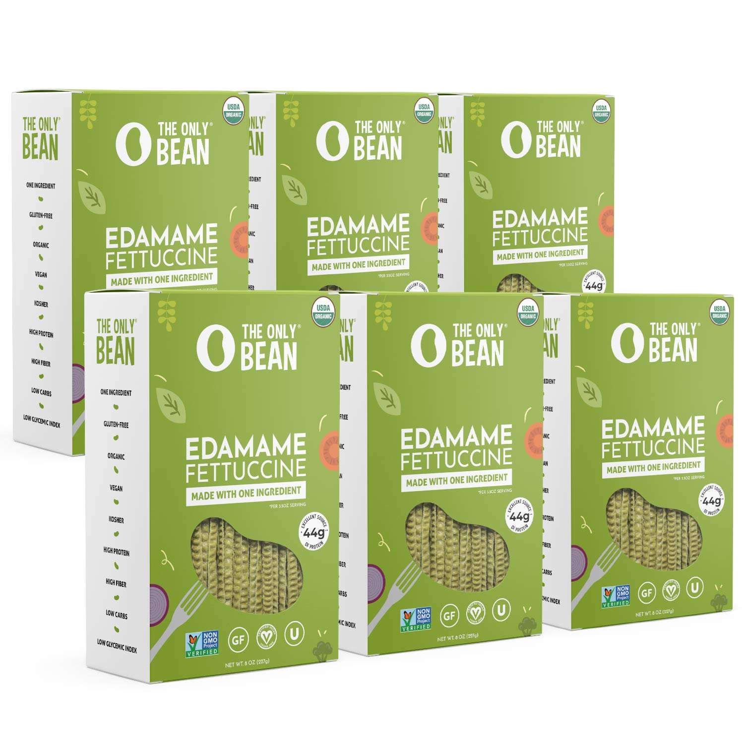 The Only Bean edamame fettuccine pack shot showing organic, gluten-free noodles for versatile meals.