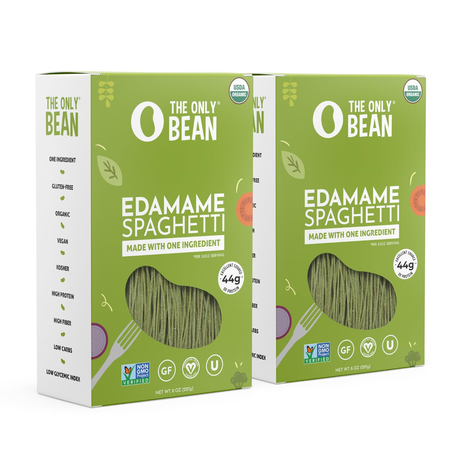 The Only Bean edamame pasta package featuring high-protein, gluten-free noodles for quick meals.