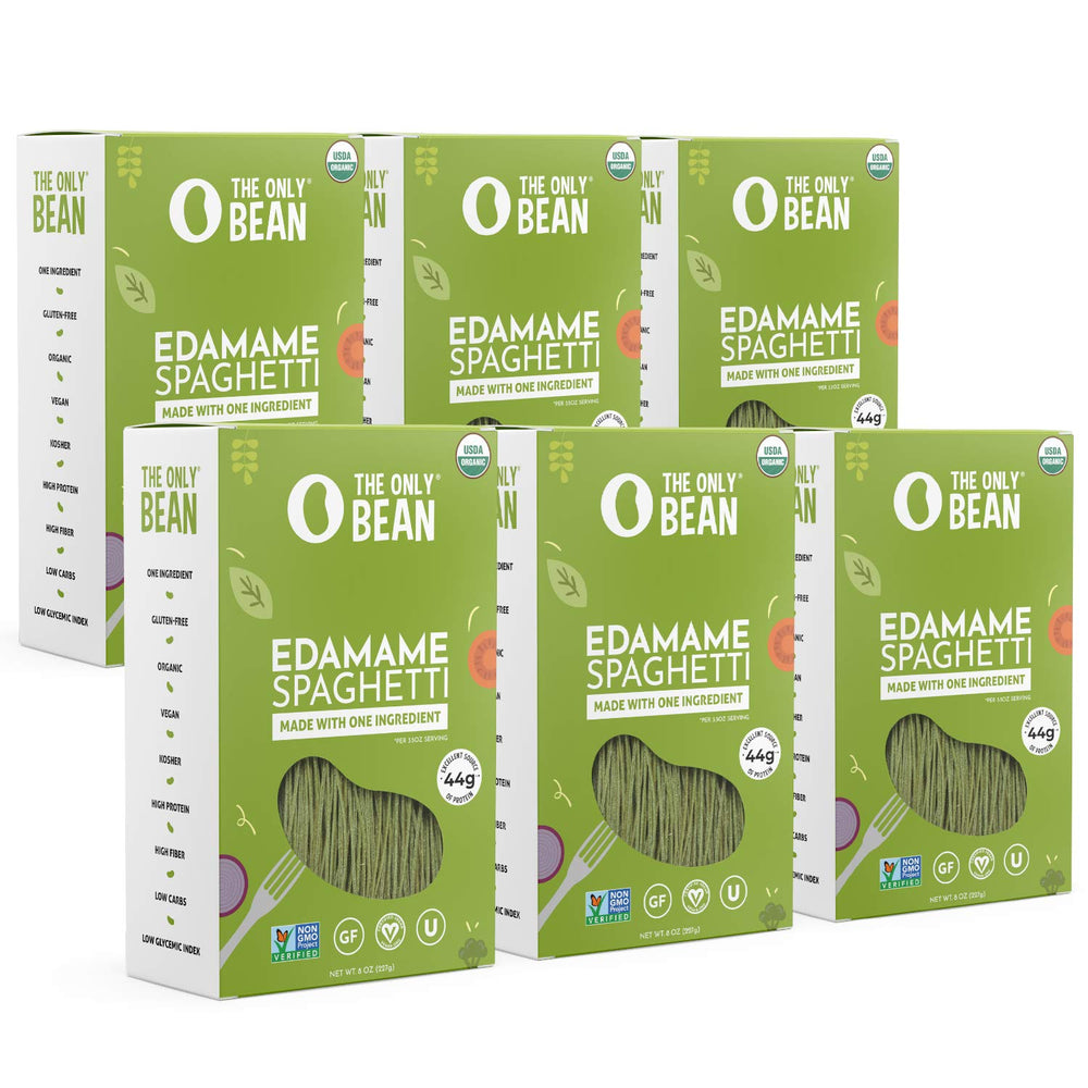The Only Bean Edamame Pasta packaging shows gluten-free, keto-friendly noodles.