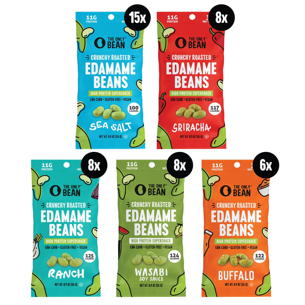 The Only Bean buffalo edamame packs—protein-packed snack for workouts.