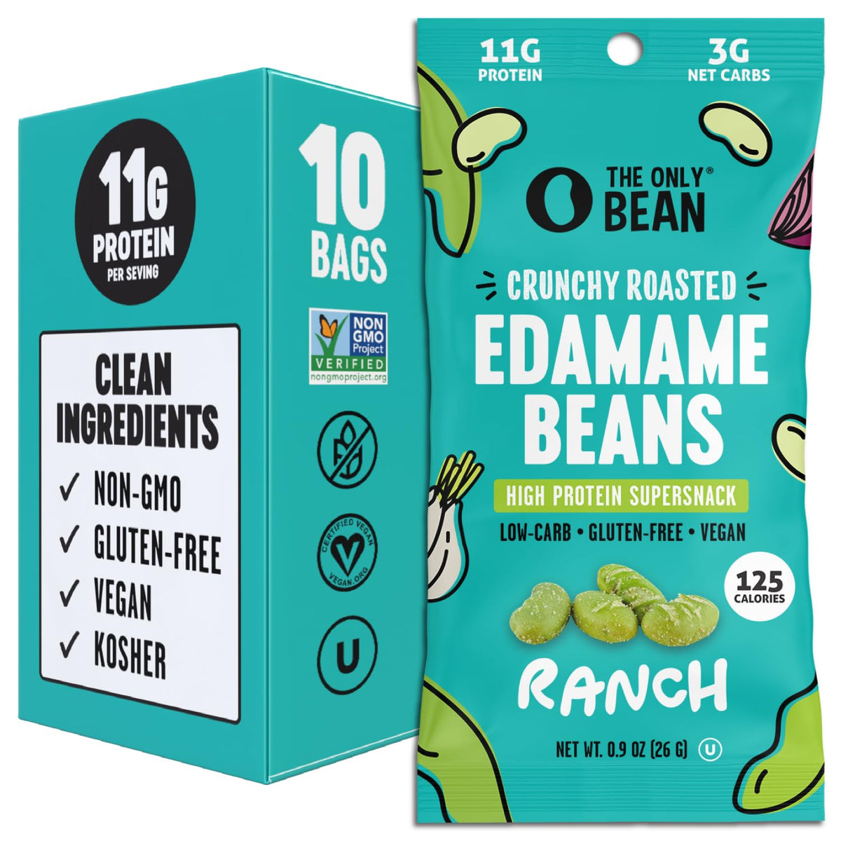 The Only Bean Ranch edamame pack of 10 viewed in a row, convenient protein on the go.
