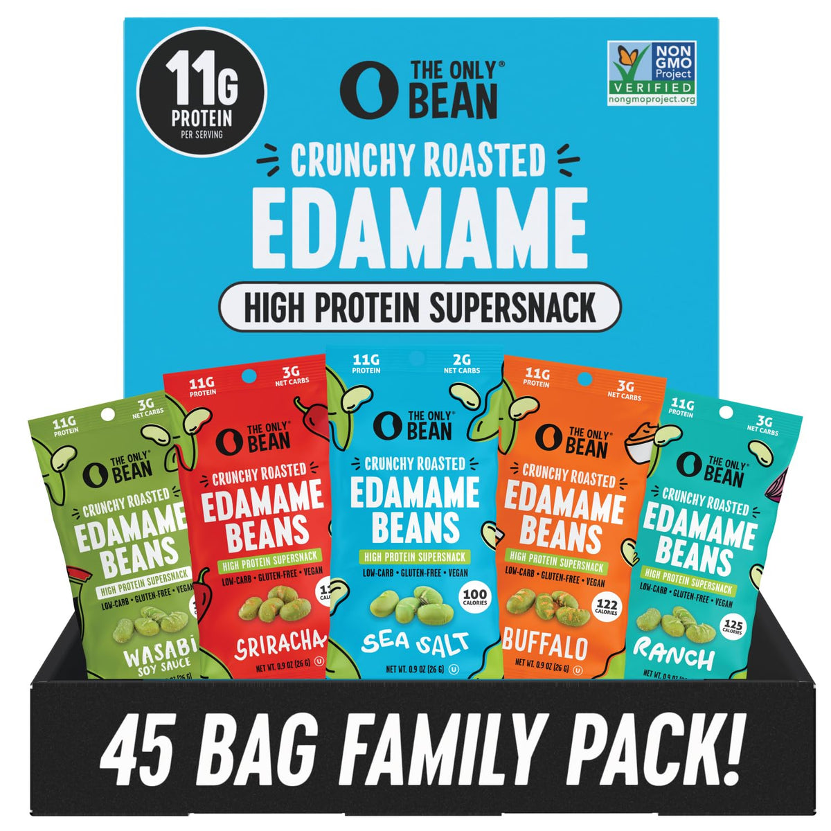 The Only Bean edamame sea salt packs—protein-rich office snack for sustained energy.