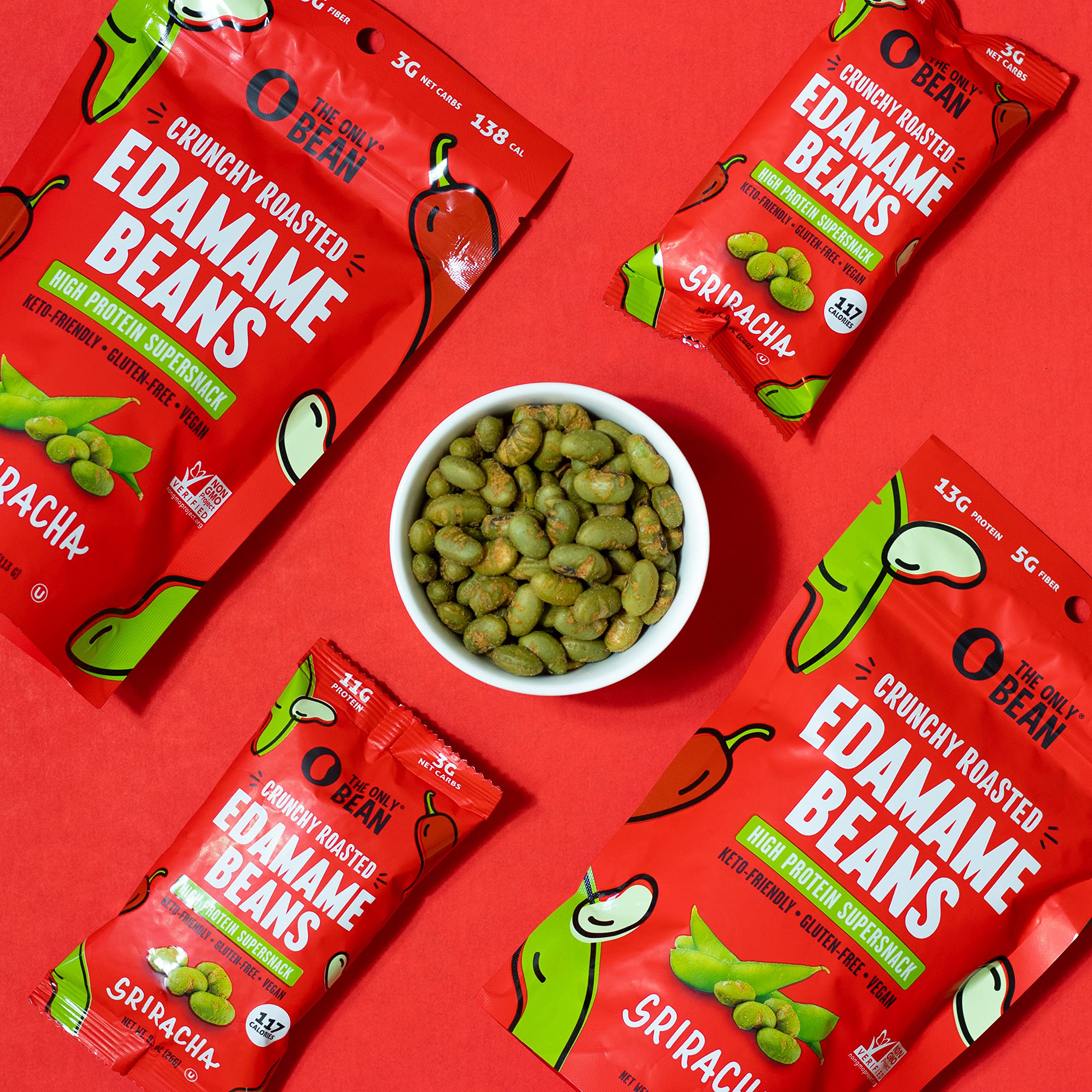 The Only Bean Edamame Sriracha close-up shows fiery flavor and crisp texture.