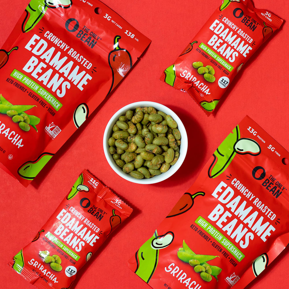 The Only Bean Edamame Sriracha close-up shows fiery flavor and crisp texture.