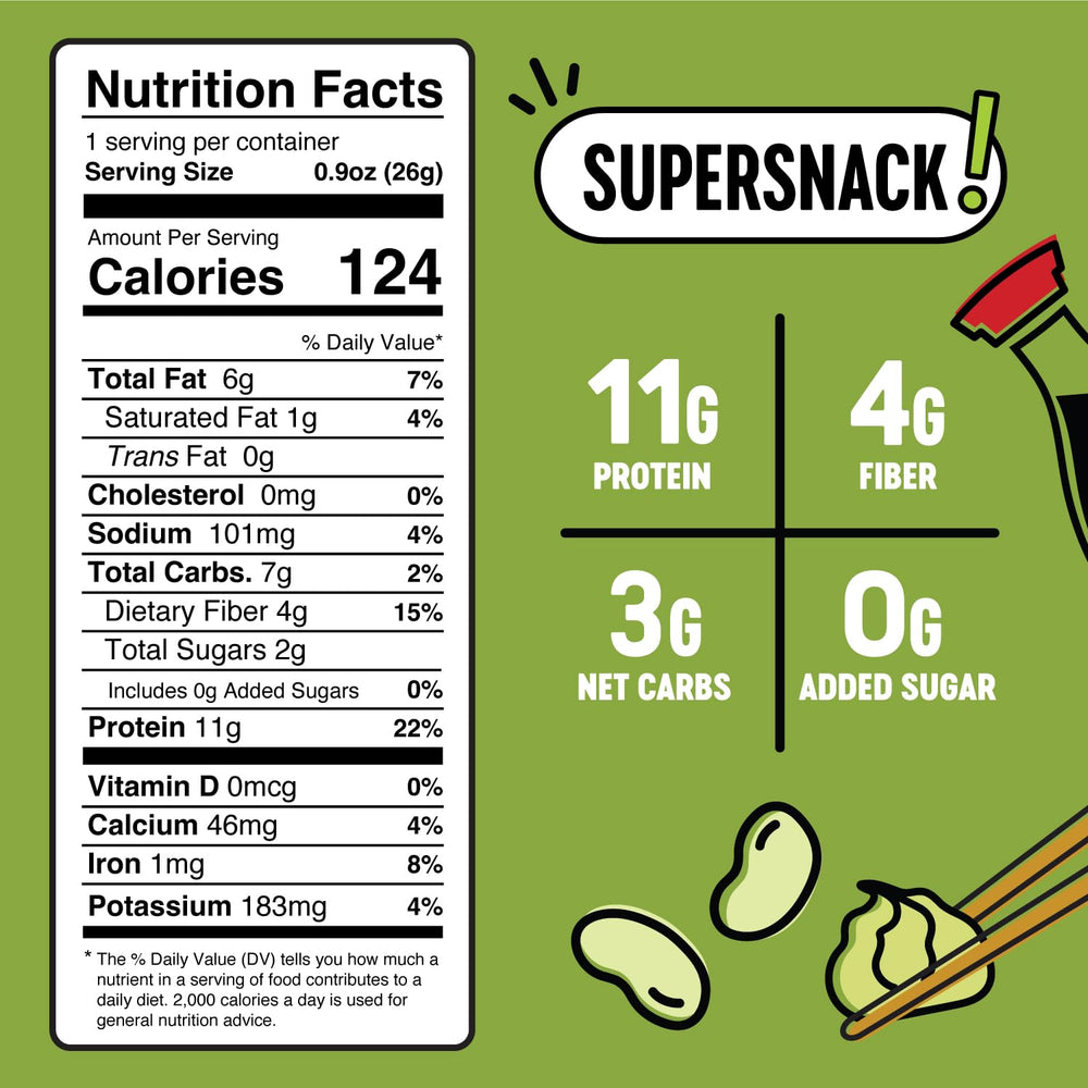 The Only Bean edamame snacks with wasabi kick—crunchy portable protein boost.