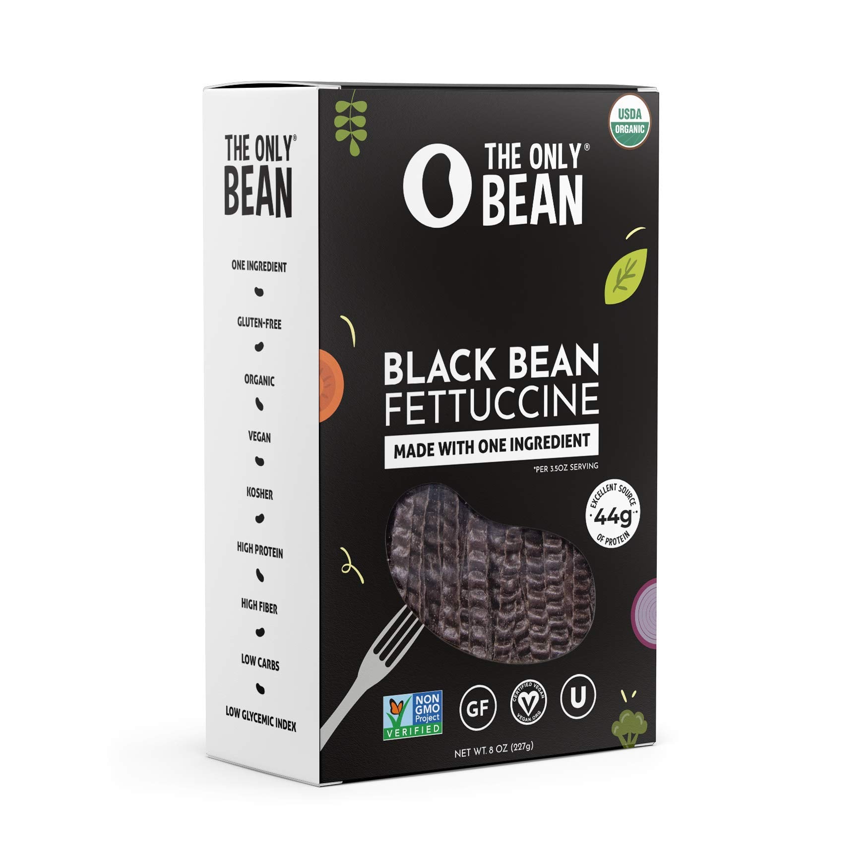 The Only Bean organic black bean fettuccine pack on shelf, gluten-free and vegan-friendly.