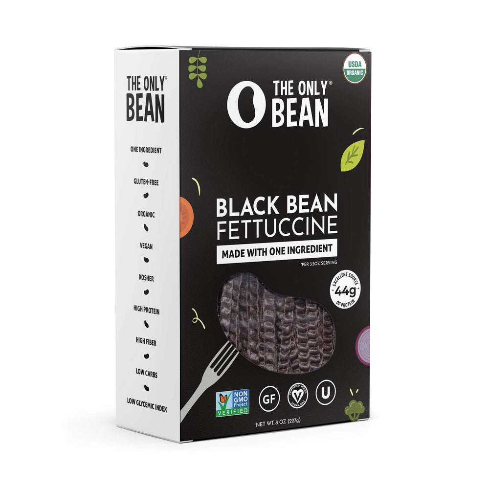 The Only Bean organic black bean fettuccine pack on shelf, gluten-free and vegan-friendly.